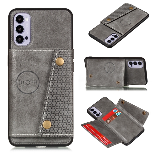 

For OPPO Reno4 5G Double Buckle PU + TPU Shockproof Magnetic Protective Case with Card Slot & Holder(Grey)