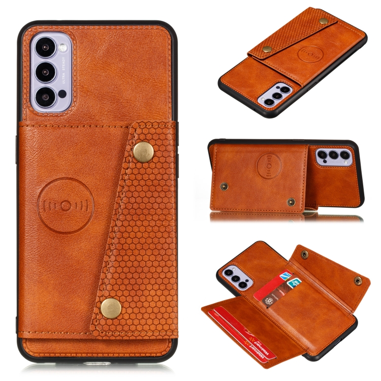 

For OPPO Reno4 Pro 5G Double Buckle PU + TPU Shockproof Magnetic Protective Case with Card Slot & Holder(Light Brown)