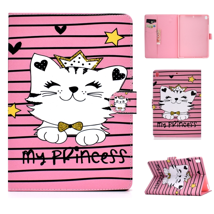 

For iPad 9.7 (2017/2018) & Air 2 & Air Colored Drawing Pattern Horizontal Flip PU Leather Case with Holder & Card Slot & Sleep / Wake-up Function(Crown Cat)