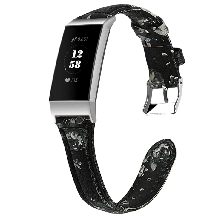 

For Fitbit Charge 3 / 4 Slim Steel Head Leather Strap(Grey Flower)