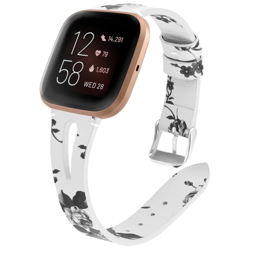 

For Fitbit Versa 2 Leather Middle Opening Watch Strap(White Ash Flower)