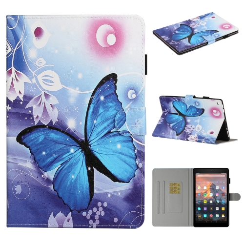 

For Amazon Kindle Fire HD 8 (2016/2017/2018) Colored Drawing Pattern Horizontal Flip PU Leather Case with Holder & Card Slot & Sleep / Wake-up Function(Blue Butterfly)