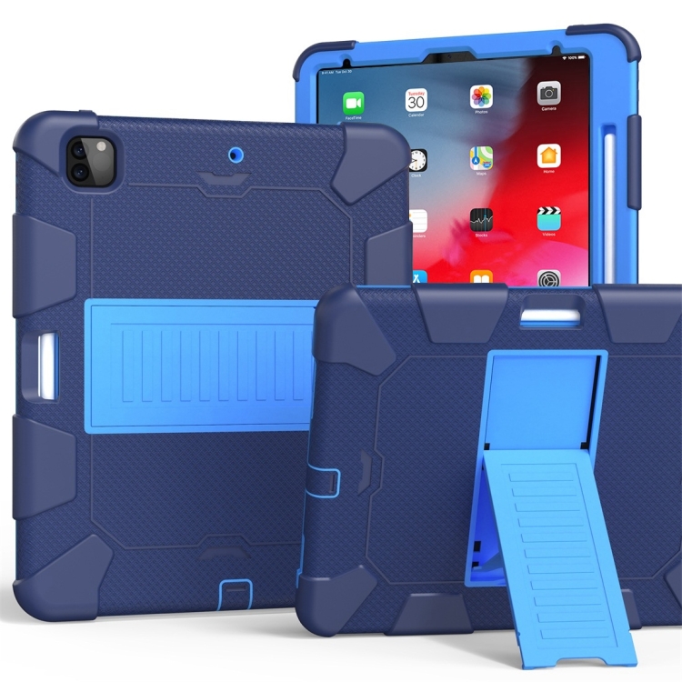 

For iPad Pro 12.9 (2018) / (2020) Shockproof Two-Color Silicone Protective Case with Holder(Dark Blue+Blue)