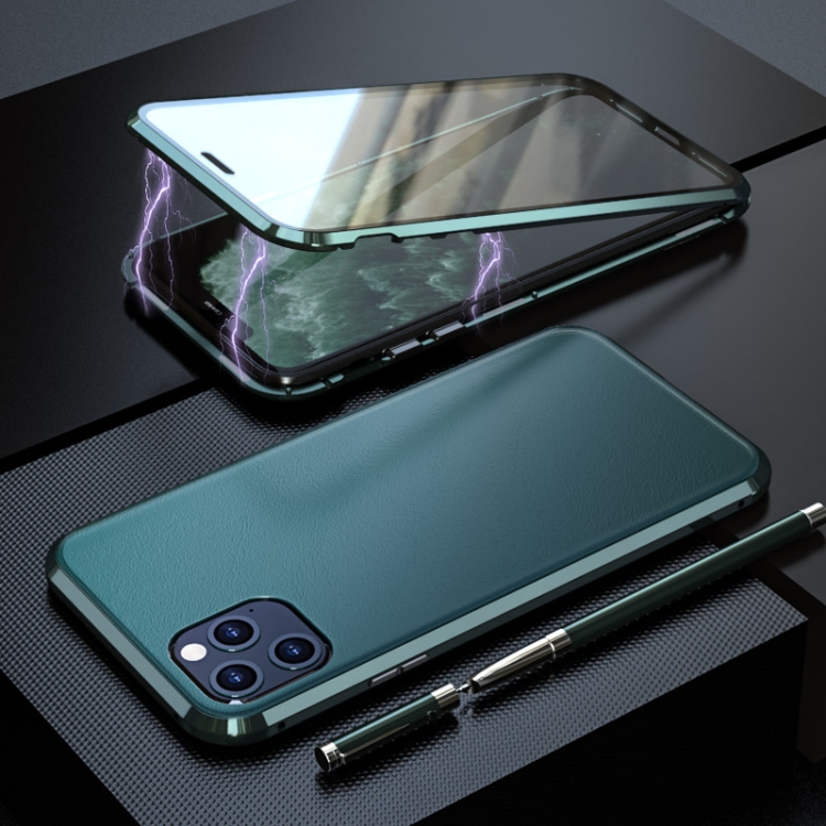 

For iPhone 11 Pro Shockproof Magnetic Attraction Leather Backboard + Tempered Glass Protective Case(Green)