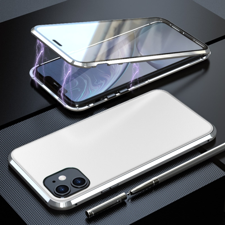 

For iPhone 11 Shockproof Magnetic Attraction Leather Backboard + Tempered Glass Protective Case(Silver)