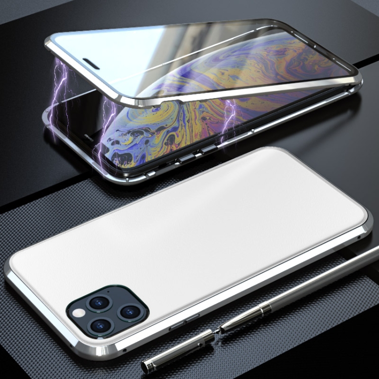 

For iPhone 11 Pro Max Shockproof Magnetic Attraction Leather Backboard + Tempered Glass Protective Case(Silver)