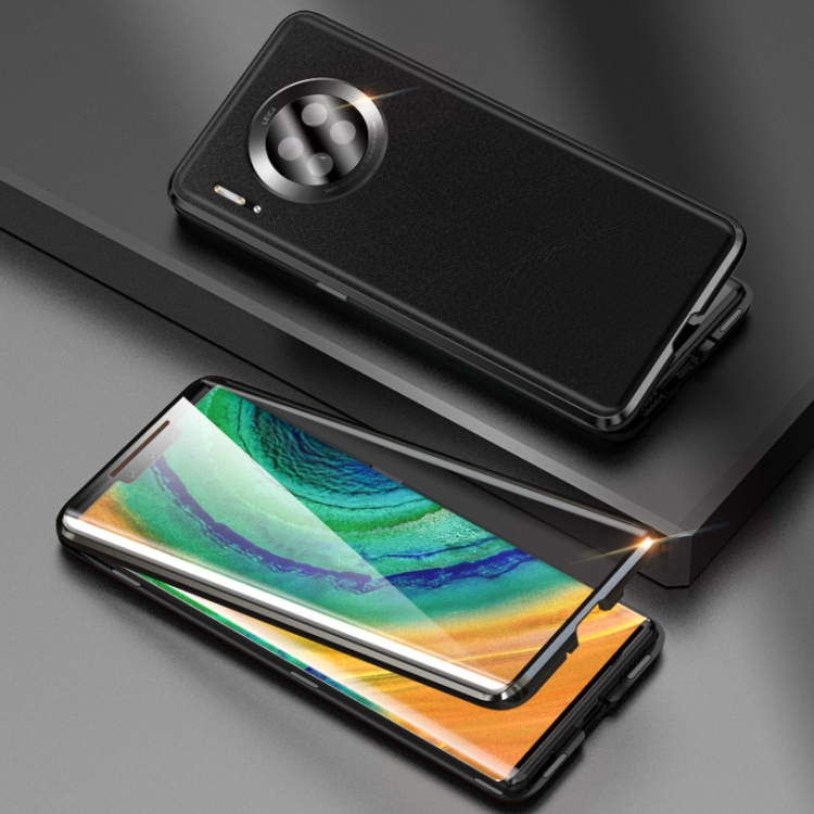 

For Huawei Mate 30 Pro Shockproof Magnetic Attraction Leather Backboard + Tempered Glass Protective Case with Camera Lens Protector Cover(Black)