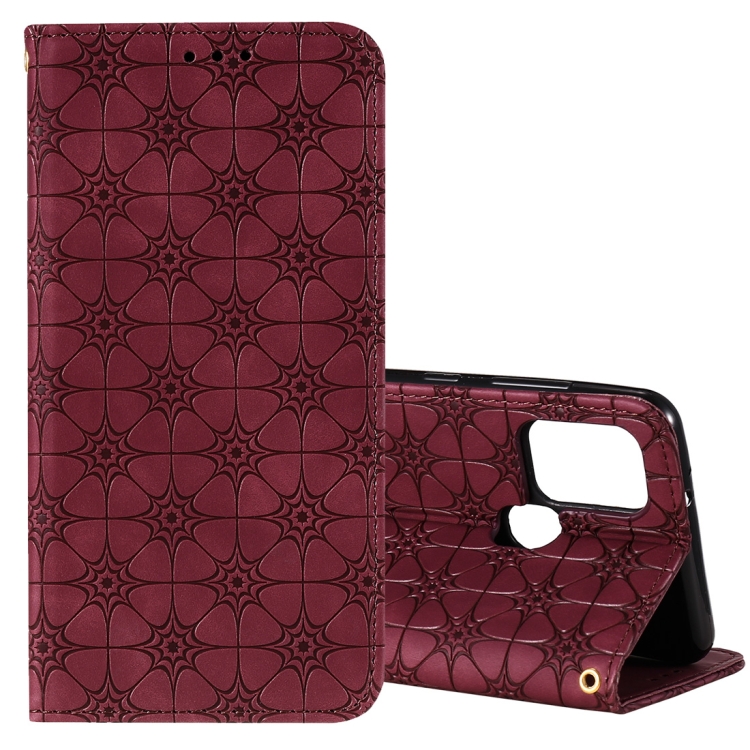 

For Samsung Galaxy A21s Lucky Flowers Embossing Pattern Magnetic Horizontal Flip Leather Case with Holder & Card Slots(Wine Red)