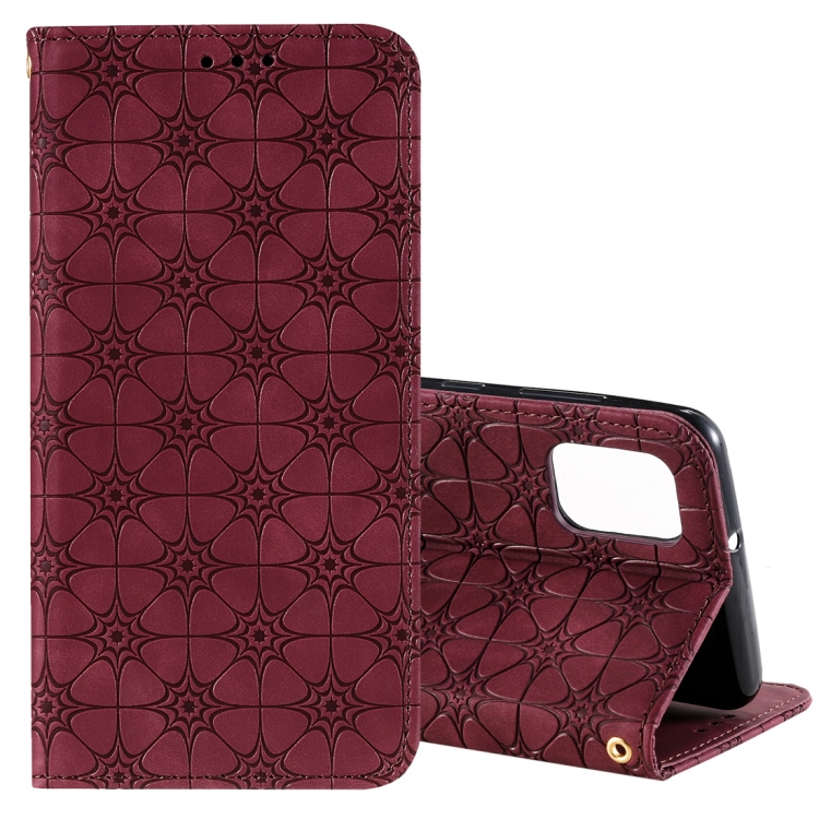

For Samsung Galaxy A31 Lucky Flowers Embossing Pattern Magnetic Horizontal Flip Leather Case with Holder & Card Slots(Wine Red)