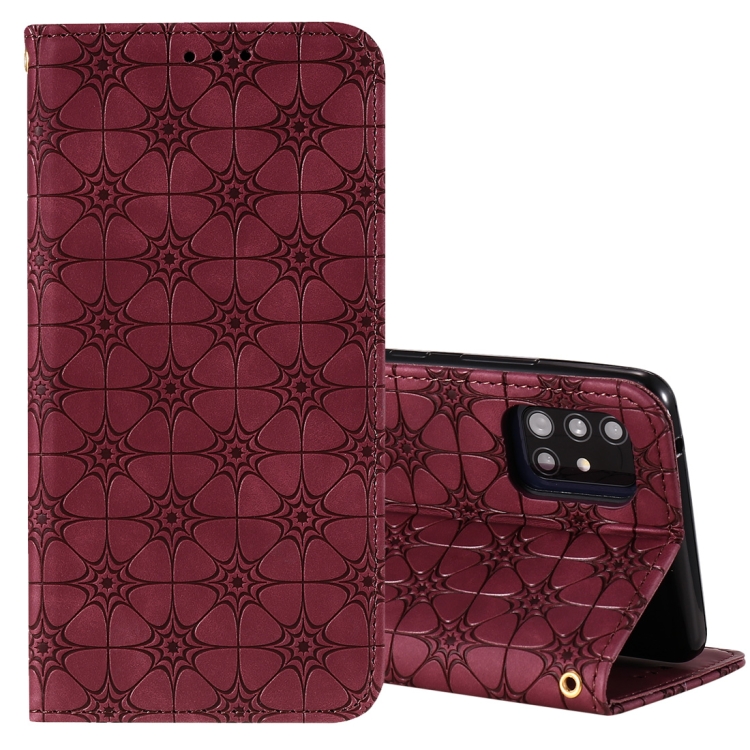 

For Samsung Galaxy A51 5G Lucky Flowers Embossing Pattern Magnetic Horizontal Flip Leather Case with Holder & Card Slots(Wine Red)