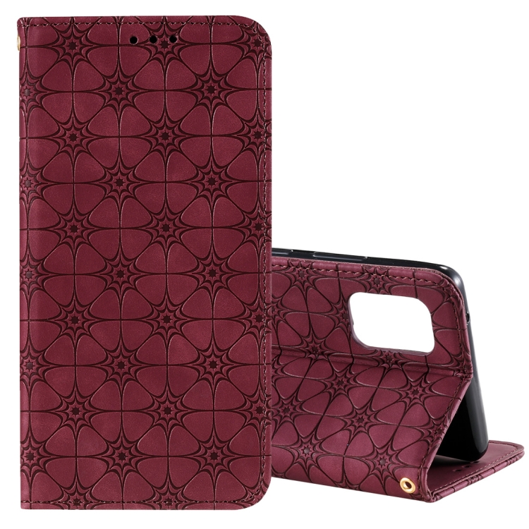 

For Samsung Galaxy A71 5G Lucky Flowers Embossing Pattern Magnetic Horizontal Flip Leather Case with Holder & Card Slots(Wine Red)