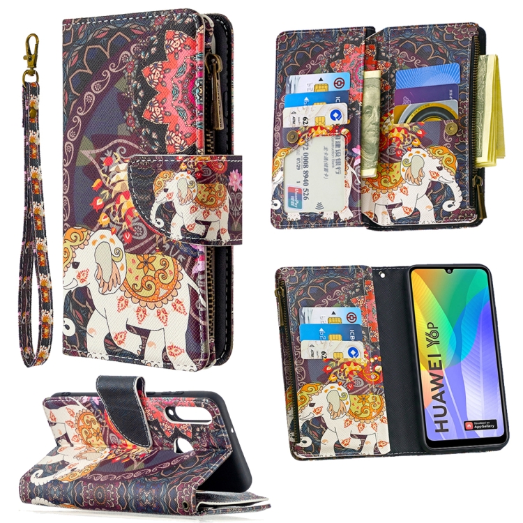 

For Huawei Y6p Colored Drawing Pattern Zipper Horizontal Flip Leather Case with Holder & Card Slots & Wallet(Flower Elephants)