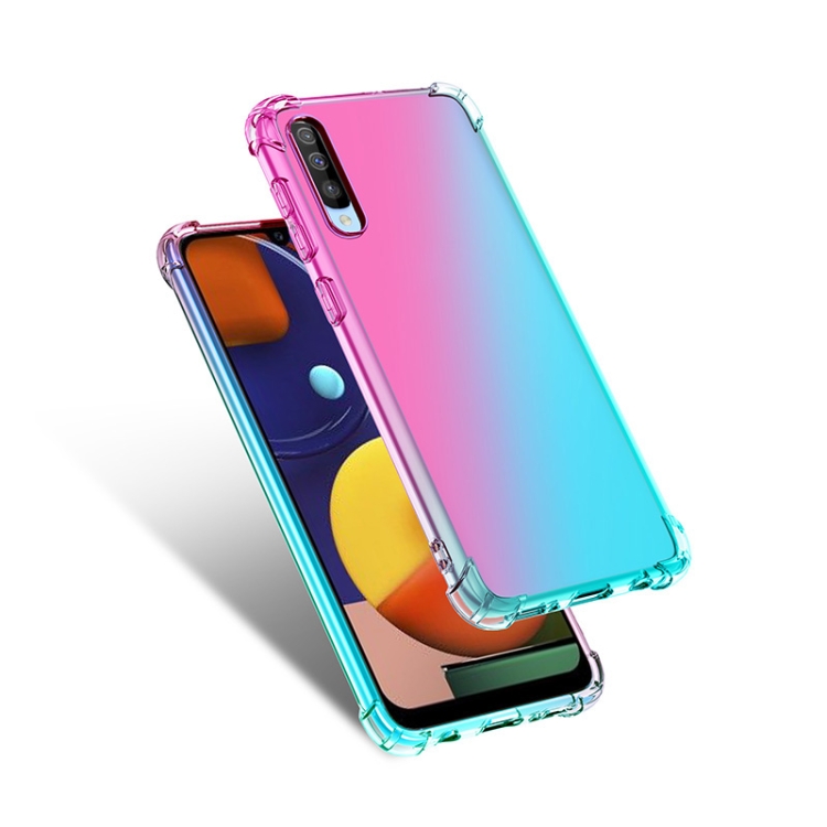 

For Samsung Galaxy A70 / A70s Four-Corner Airbag Shockproof Gradient Color Clear TPU Case(Pink Green)