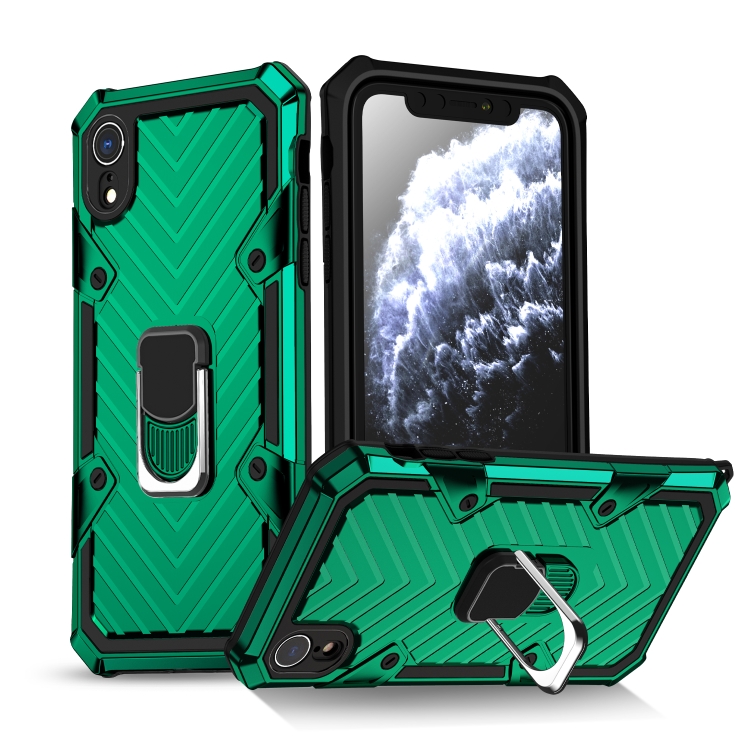 

For iPhone XR Cool Armor PC+TPU Shockproof Case with 360 Degree Rotation Ring Holder(Dark Green)