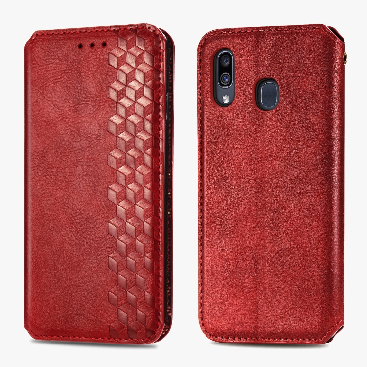 

For Samsung Galaxy A30(Japanese Version) Cubic Grid Pressed Horizontal Flip Magnetic Leather Case with Holder & Card Slots & Wallet(Red)