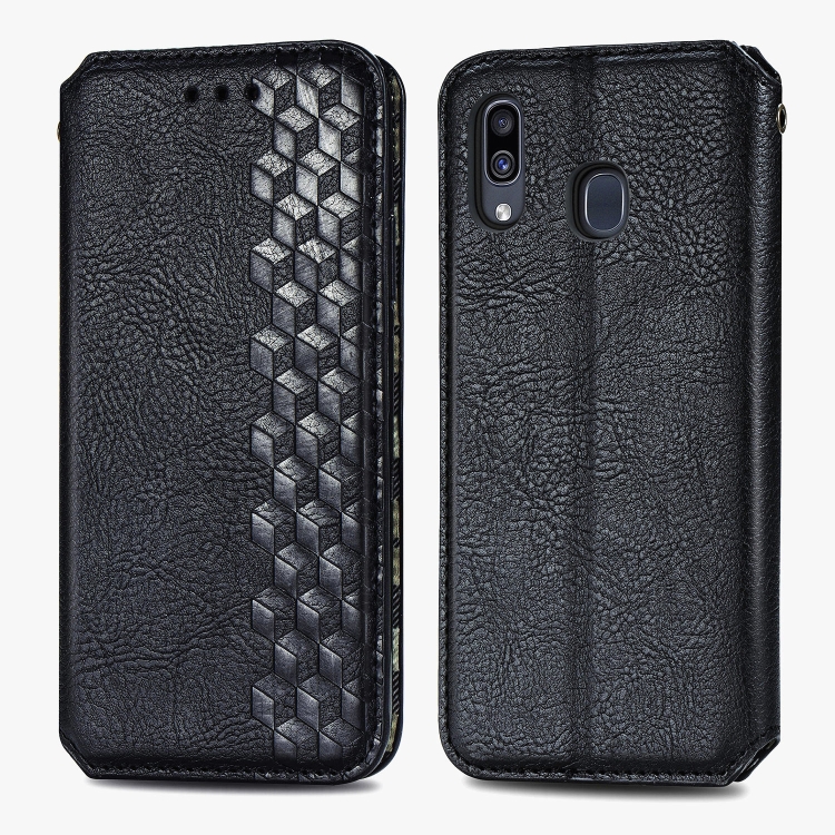 

For Samsung Galaxy A30 Cubic Grid Pressed Horizontal Flip Magnetic Leather Case with Holder & Card Slots & Wallet(Black)