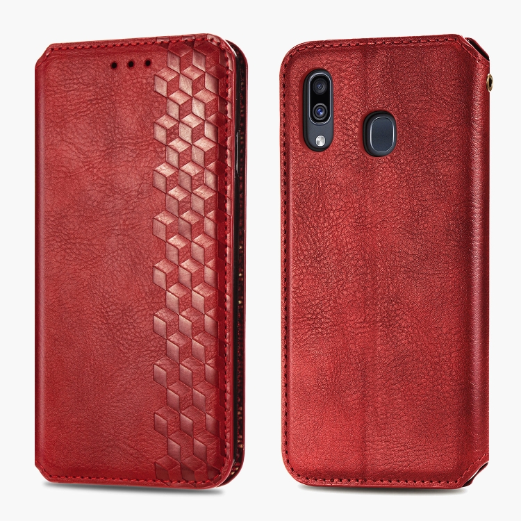 

For Samsung Galaxy A30 Cubic Grid Pressed Horizontal Flip Magnetic Leather Case with Holder & Card Slots & Wallet(Red)