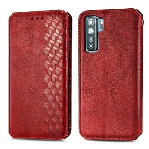 

For Huawei P40 Lite 5G / Nova 7 SE Cubic Grid Pressed Horizontal Flip Magnetic Leather Case with Holder & Card Slots & Wallet(Red)