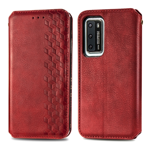 

For Huawei P40 Cubic Grid Pressed Horizontal Flip Magnetic Leather Case with Holder & Card Slots & Wallet(Red)