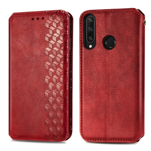 

For Huawei Y6P Cubic Grid Pressed Horizontal Flip Magnetic Leather Case with Holder & Card Slots & Wallet(Red)