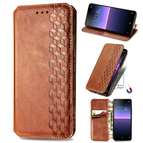 

For Sony Xperia 10 II Cubic Grid Pressed Horizontal Flip Magnetic Leather Case with Holder & Card Slots & Wallet(Brown)