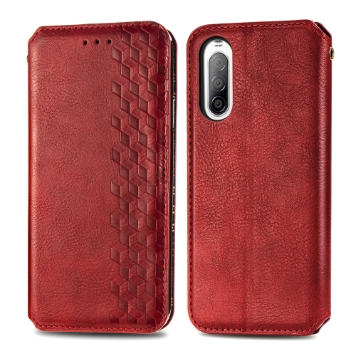 

For Sony Xperia 10 II Cubic Grid Pressed Horizontal Flip Magnetic Leather Case with Holder & Card Slots & Wallet(Red)