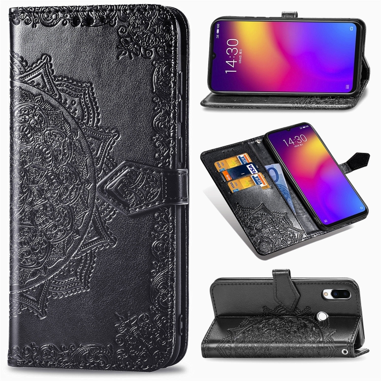 

For Meizu Note 9 Halfway Mandala Embossing Pattern Horizontal Flip PU Leather Case with Card Slots & Holder & Wallet(Black)