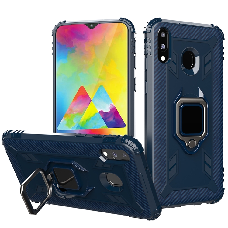 

For Samsung Galaxy A20 / A30 / M10S Carbon Fiber Protective Case with 360 Degree Rotating Ring Holder(Blue)
