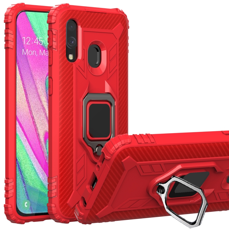 

For Samsung Galaxy A20e Carbon Fiber Protective Case with 360 Degree Rotating Ring Holder(Red)