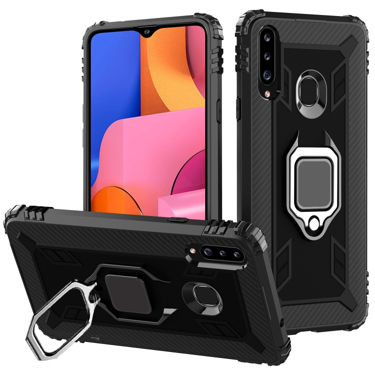 

For Samsung Galaxy A70e Carbon Fiber Protective Case with 360 Degree Rotating Ring Holder(Black)