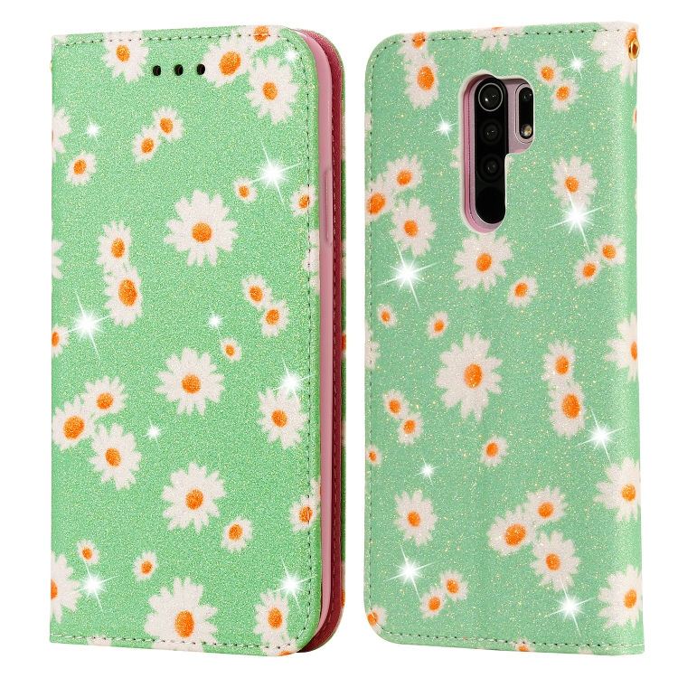 

For Xiaomi Redmi 9 Glittering Daisy Magnetic Horizontal Flip Leather Case with Holder & Card Slots & Photo Frame(Green)