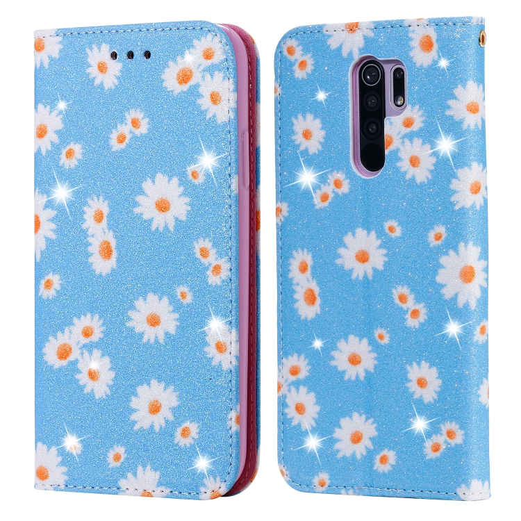 

For Xiaomi Redmi 9 Glittering Daisy Magnetic Horizontal Flip Leather Case with Holder & Card Slots & Photo Frame(Blue)
