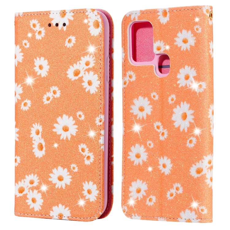 

For Samsung Galaxy A21s Glittering Daisy Magnetic Horizontal Flip Leather Case with Holder & Card Slots & Photo Frame(Orange)