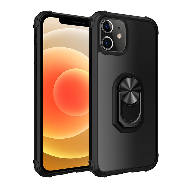 

For iPhone 12 mini Shockproof Transparent TPU + Acrylic Protective Case with Ring Holder(Black)