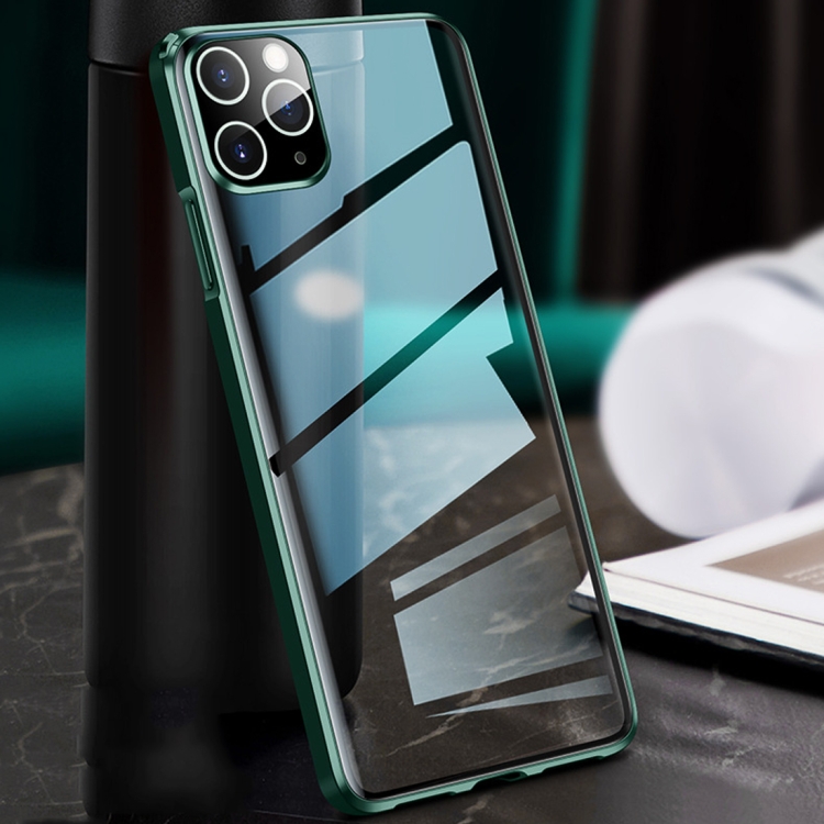 

For iPhone 11 Pro Straight Edge Metal Frame + Glass Protective Case(Green)