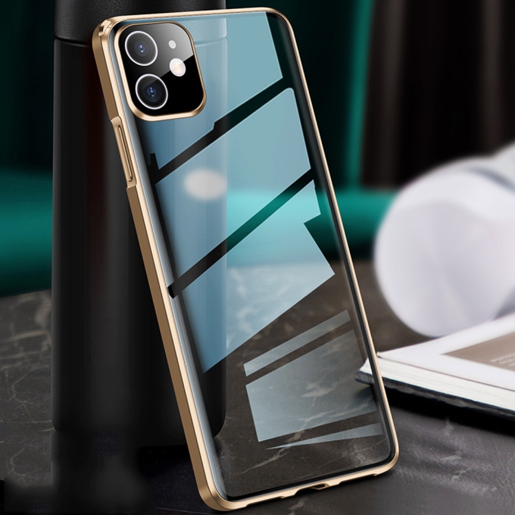 

For iPhone 11 Straight Edge Metal Frame + Glass Protective Case(Gold)