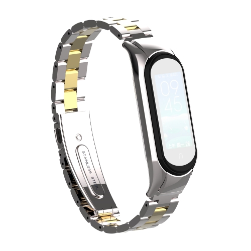 

For Xiaomi Mi Band 5 Double Spring Solid Three Stainless Steel Strap(Silver Imitation Gold)