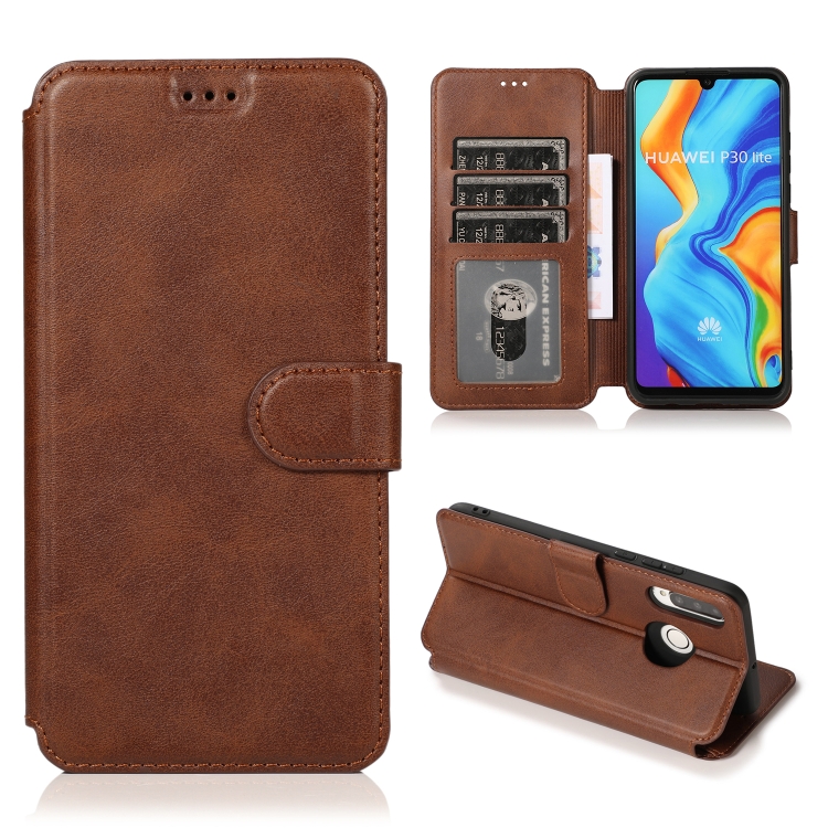 

For Huawei P30 Lite Calf Texture Magnetic Buckle Horizontal Flip Leather Case with Holder & Card Slots & Wallet & Photo Frame(Coffee)