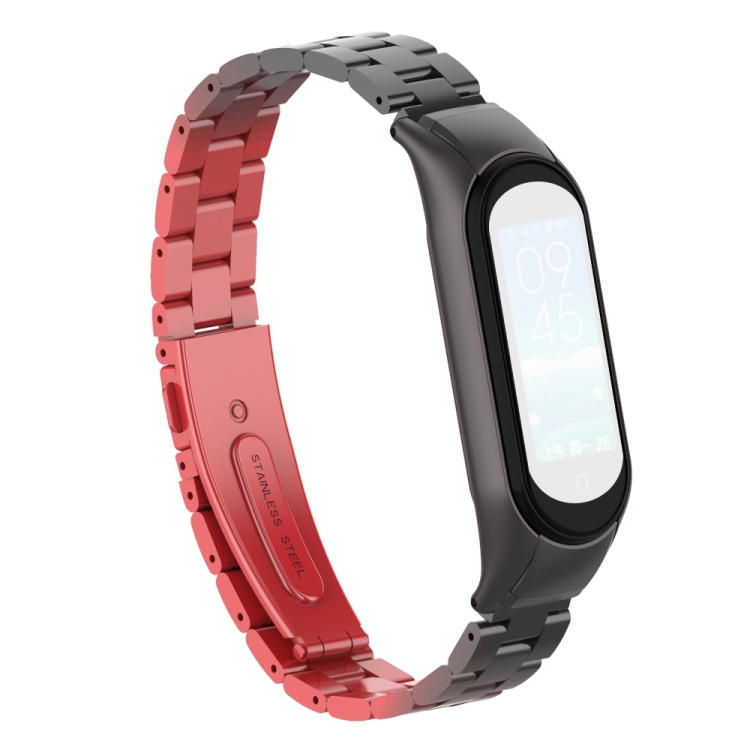 

For Xiaomi Mi Band 5 Double Spring Solid Three Stainless Steel Two-tone Strap(Red Black)