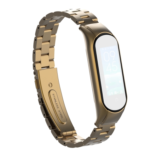 

For Xiaomi Mi Band 5 Double Spring Solid Three Stainless Steel Two-tone Strap(Tea Brown)