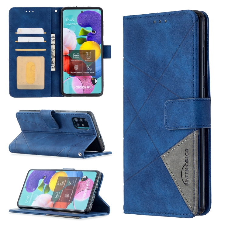 

For Samsung Galaxy A51 Rhombus Texture Magnetic Buckle Horizontal Flip Leather Case with Holder & Card Slots & Wallet & Photo Frame(Blue)