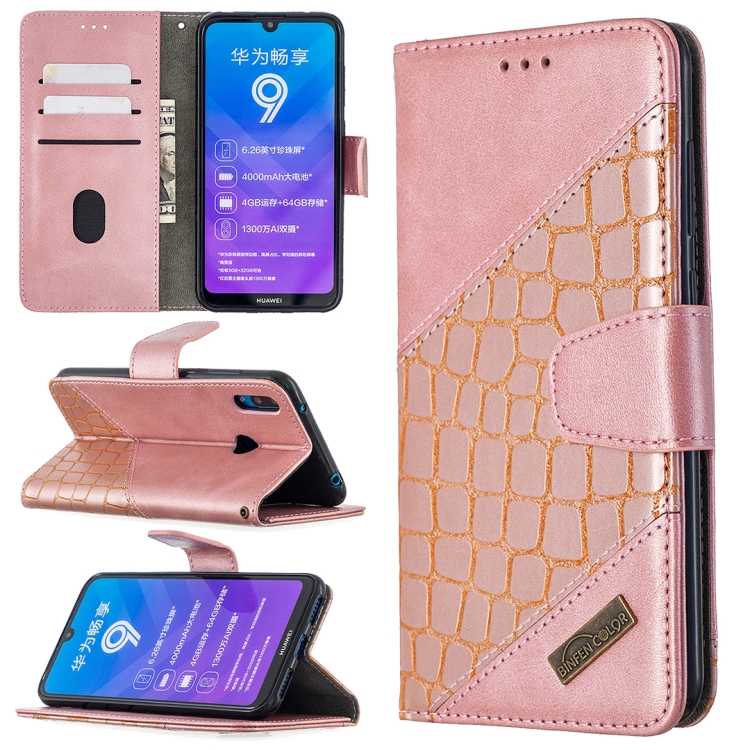 

For Huawei Y7 (2019) Matching Color Crocodile Texture Horizontal Flip PU Leather Case with Holder & Card Slots & Wallet(Rose Gold)