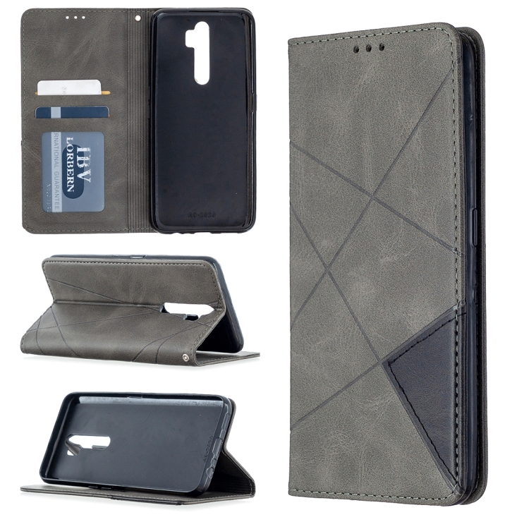 

For Oppo A5 (2020) / A9 (2020) Rhombus Texture Horizontal Flip Magnetic Leather Case with Holder & Card Slots(Grey)