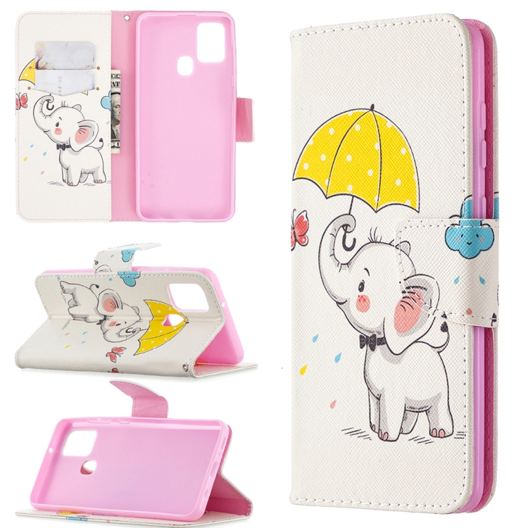 

For Samsung Galaxy A21s Colored Drawing Horizontal Flip Leather Case with Holder & Card Slots & Wallet(Elephant under the Umbrella)