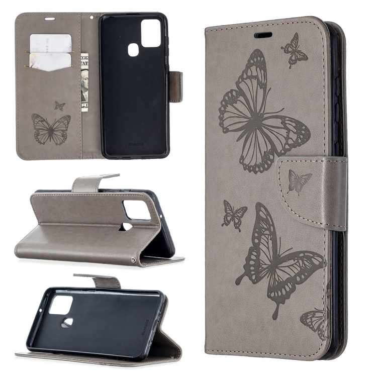 

For Samsung Galaxy A21s Embossing Two Butterflies Pattern Horizontal Flip PU Leather Case with Holder & Card Slot & Wallet & Lanyard(Grey)