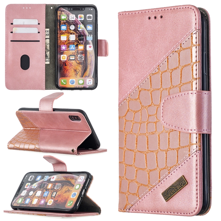 

For iPhone XS Max Matching Color Crocodile Texture Horizontal Flip PU Leather Case with Wallet & Holder & Card Slots(Rose Gold)