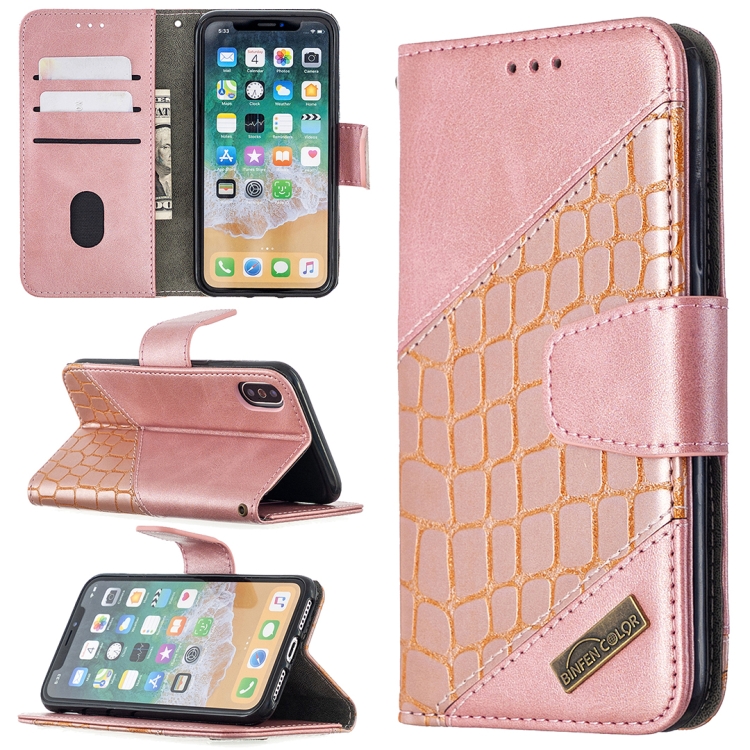 

For iPhone XS / X Matching Color Crocodile Texture Horizontal Flip PU Leather Case with Wallet & Holder & Card Slots(Rose Gold)
