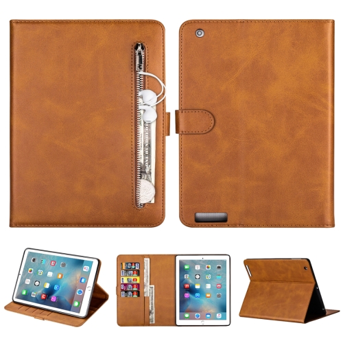 

For iPad 1 / 2 / 3 / 4 Tablet Fashion Calf Texture Zipper Horizontal Flip Leather Case with Stand & Card Slots & Wallet & Wake-up / Sleep Function(Brown)