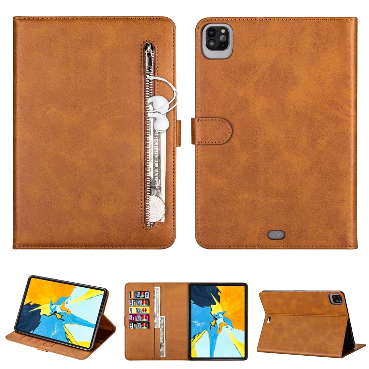 

For iPad Pro 12.9(2020) / Pro 12.9(2018) Tablet Fashion Calf Texture Zipper Horizontal Flip Leather Case with Stand & Card Slots & Wallet & Wake-up / Sleep Function(Brown)