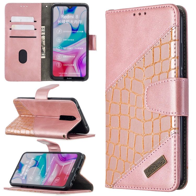 

For Xiaomi Redmi 8 Matching Color Crocodile Texture Horizontal Flip PU Leather Case with Wallet & Holder & Card Slots(Rose Gold)